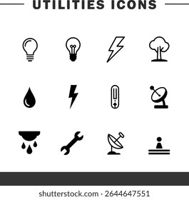 Ícones de utilitários isolados em fundo branco no estilo de arte de linha preta
