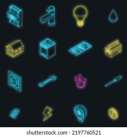 Utilities icons set. Isometric set of utilities vector icons neon color on black