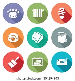 Conjunto de ícones de utilitários. Ilustração de vetor. Coleção de ícones planos isolados em um plano de fundo colorido para design