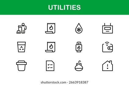 Utilities Line Icon Set - Professionelle moderne minimalistische Symbole in dünnen Umriss Stil, Vektor Linie Icon Kollektion