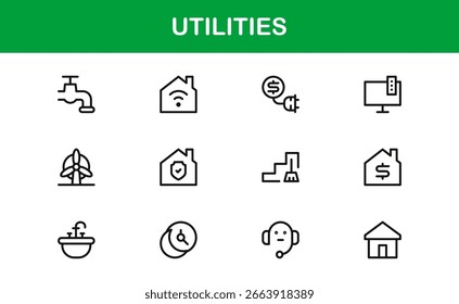 Utilities Line Icon Set – Professional Modern Minimalist Symbols in Thin Outline Style, Vector Line Icon Collection