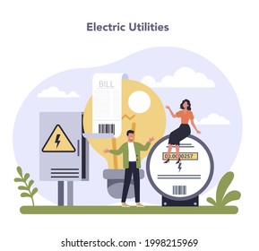 Utilities sector of the economy. Household energy and resources delivering industry. Electricity supply. Flat vector illustration