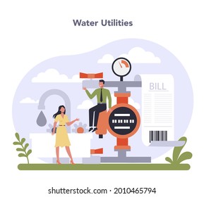 Utilities Sector Of The Economy. Household Energy And Resources Delivering Industry. Water Supply. Flat Vector Illustration