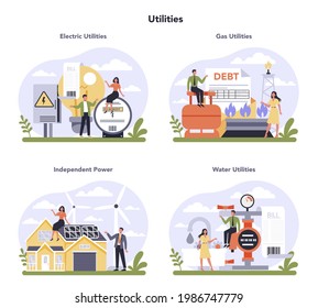 Utilities sector of the economy set. Household energy and resources delivering industry. Gas, water, electricity supply. Flat vector illustration