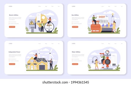 Utilities Sector Of The Economy Web Banner Or Landing Page Set. Household Energy And Resources Delivering Industry. Gas, Water, Electricity Supply. Flat Vector Illustration