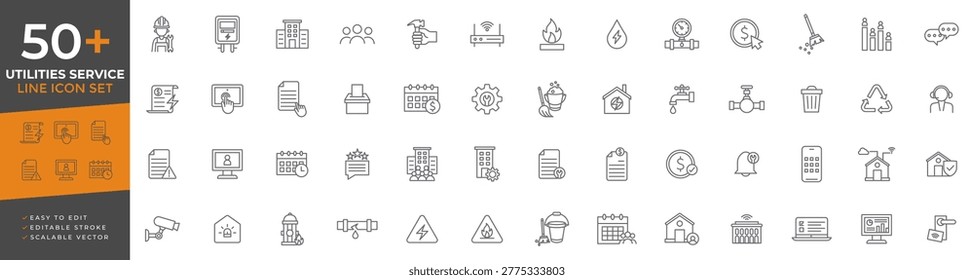 Utilities service icons set featuring public infrastructure, home maintenance, electricity, water supply, gas heating, telecommunications, and waste management services.