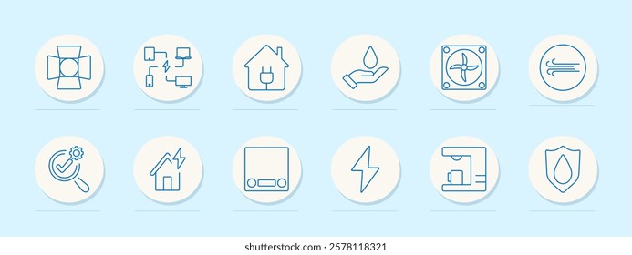 Utilities set icon. Spotlight, connected devices, power house, water hand, ventilation fan, air flow, inspection magnifier, power symbol, truck, bolt, machine, shield. Energy management, utilities