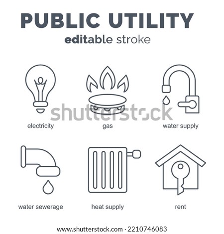 Utilities. A set of line icons: electricity, gas, water supply and drainage, heating and rent. Editable stroke