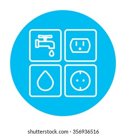 Utilities signs electricity and water line icon for web, mobile and infographics. Vector white icon on the light blue circle isolated on white background.