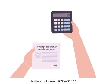 Utility bill flat icon with human hands holding calculator and receipt for water supply service vector illustration