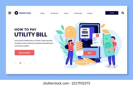 Utility bill online payment concept. Vector flat cartoon illustration. People with money, electricity invoice and electricity meter. Man and woman save energy and use energy-saving lamps