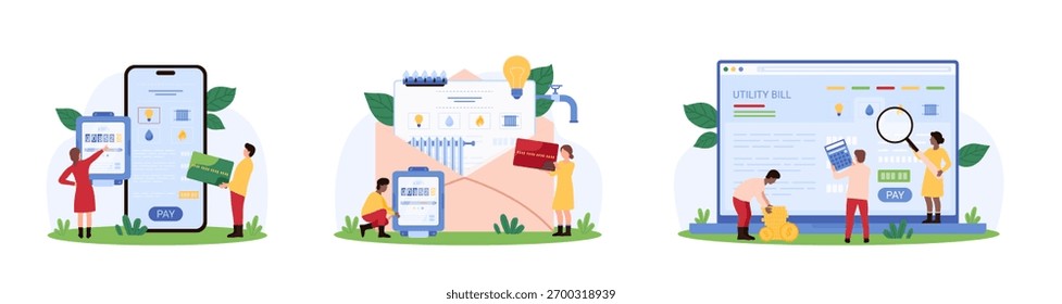 Conjunto de pagamento de fatura de utilitário. Pessoas pequenas pagam pelo consumo de eletricidade, gás e água em casa, verificam leituras do medidor com lupa, usam recibo de papel, aplicativo móvel ilustração do vetor de desenhos animados