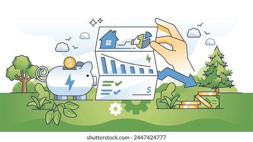 Utility bill savings and calculations to save money outline hands concept. Save expenses about house heating, electricity and water with smart cost reduction and usage efficiency vector illustration.