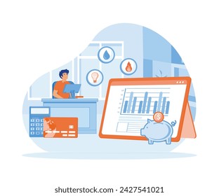  Utility bills concept. Man checking and paying utility bills online on his computer.  flat vector modern illustration 