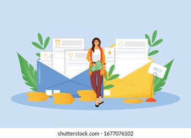 Utility bills flat concept vector illustration. Adult woman paying taxes 2D cartoon character for web design. Water, gas and electricity invoices. Regular expenses, legal obligation creative idea