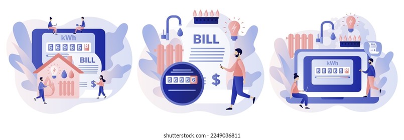 Utility bills. Household services. Regular payments as gas, water, electricity, heating. Saving resources concept. Modern flat cartoon style. Vector illustration on white background