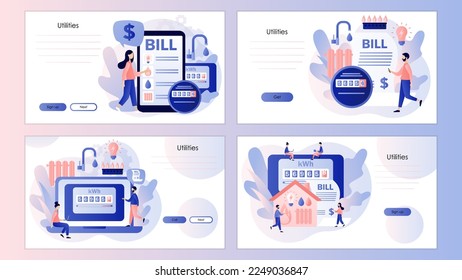 Utility bills. Household services. Regular payments as gas, water, electricity, heating. Screen template for landing page, template, ui, web, mobile app, poster, banner, flyer. Vector illustration