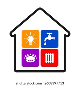 Utility bills icons in flat style in house sign: water, gas, lighting, heating. Set utility payments signs – vector