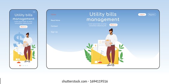 Utility bills management adaptive landing page flat color vector template. Tax payment mobile and PC homepage layout. Utility service one page website UI. Regular expense webpage cross platform design