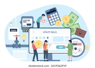 Contas de serviços públicos. Pagamento on-line de serviços domésticos, gás, eletricidade, água, internet. Casal pequeno segurar conta e dinheiro, altas taxas e despesas, cena vetor recente