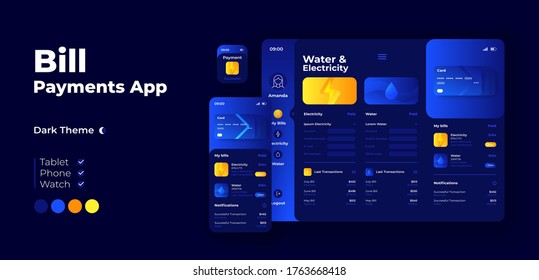 Utility bills payment app screen vector adaptive design template. Water and electricity cost application night mode interface with flat characters. Smartphone, tablet, smart watch cartoon UI