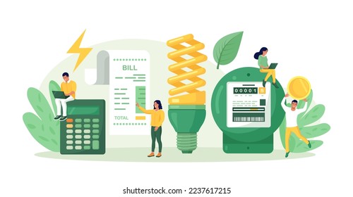 Utility bills payment. Electricity consumption expenses. People reduce energy consumption at home, use energy saving light bulb. Power save concept. Household energy and resources, meter installation