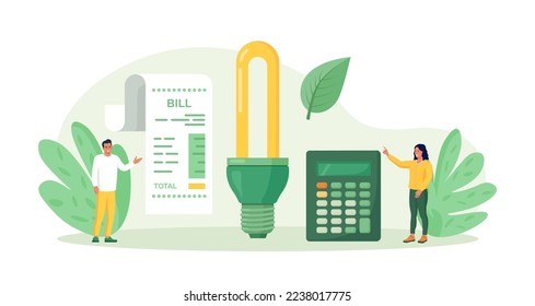 Utility bills payment. Electricity consumption expenses. People reduce energy consumption at home, use energy saving light bulb. Power save concept. Household energy and resources, meter installation