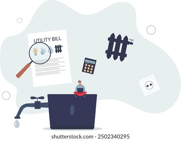 Utility bills payment.pay money for consumption of electricity, gas and water supply, heating .using apps in laptop.flat design with people.
