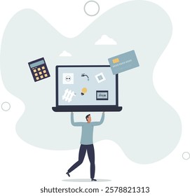 Utility bills payment.pay money for consumption of electricity, gas and water supply, heating .using apps in laptop.flat characters.
