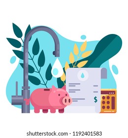 Utility bills and saving resources concept. Vector flat illustration. Water invoice payment.