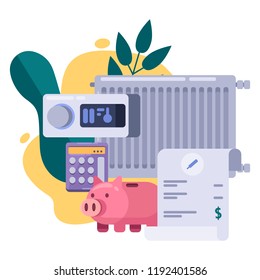 Utility bills and saving resources concept. Vector flat illustration. Heating invoice payment.