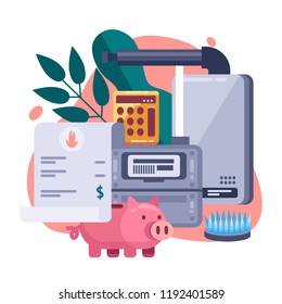 Utility bills and saving resources concept. Vector flat illustration. Gas invoice payment.