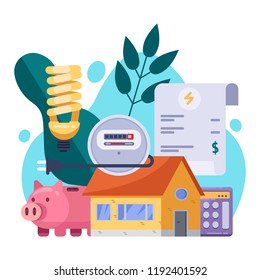 Utility Bills And Saving Resources Concept. Vector Flat Illustration. Electricity Invoice Payment.