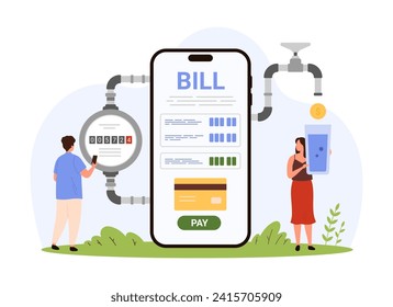 Utility bills in smartphone app, economy. Tiny people check meter readings in mobile app to pay for home water consumption, save natural resource and budget funds cartoon vector illustration