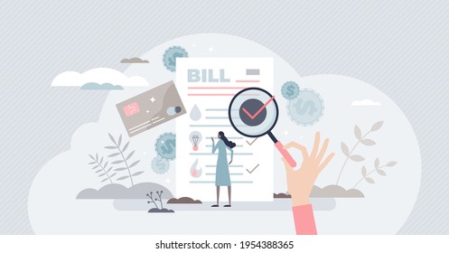 Utility bills as water and heating consumption expenses tiny person concept. Used resources payment and invoice for monthly electricity consumption vector illustration. Fee management and calculation.