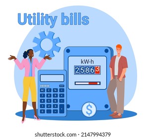 Utility bills.People on the background of an electric meter and a calculator are counting utility bills.vector illustration.