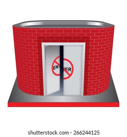 Utility building of red brick with a warning sign.