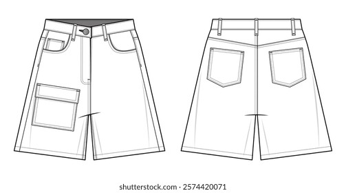 Utility Cargo denim Shorts technical fashion illustration. Knee-Length Shorts fashion vector template. Front and back view. Casual Streetwear. Baggy loose fit. men’s wear. CAD set.