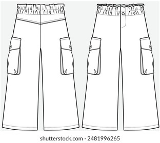 UTILITY CARGO POCKET DETAIL WIDE LEG TROUSER FASHION FLAT DESIGNED FOR TEEN GIRLS AND KID GIRLS IN VECTOR FILE