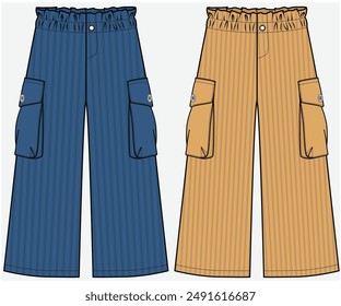 UTILITY CARGO POCKET DETAIL WIDE LEG TROUSER FASHION FLAT DESIGNED FOR TEEN GIRLS AND KID GIRLS IN VECTOR FILE