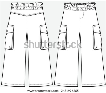 UTILITY CARGO POCKET DETAIL WIDE LEG TROUSER FASHION FLAT DESIGNED FOR TEEN GIRLS AND KID GIRLS IN VECTOR FILE