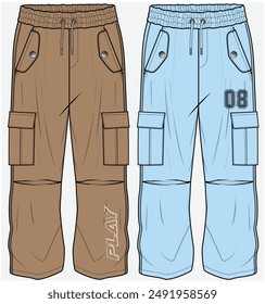 UTILITY CARGO POCKET DETAIL WOVEN JOGGERS WITH CUT AND SEW PANEL AND TOGGLE PULLER AT HEM FASHION FLAT DESIGNED FOR TEEN GIRLS AND KID GIRLS IN VECTOR FILE