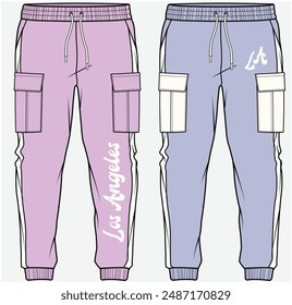 UTILITY CARGO POCKET AND SIDE TAPE DETAIL JOGGERS FASHION FLAT DESIGNED FOR TEEN GIRLS AND KID GIRLS IN VECTOR FILE