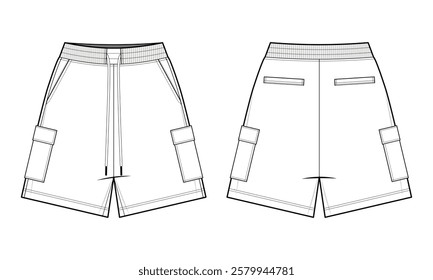 Utility Cargo Shorts Technical Fashion Illustration. Drawstring Shorts Vector Template. Front and back back view. Casual streetwear. Men’s and Women’s Loungewear. White color. CAD Mockup Set.