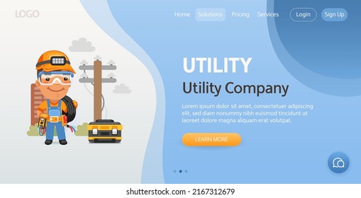 Utility Company website template. Illustration of a cartoon utility worker outdoors with a cable reel on the shoulder. Composition with a professional. Flat male character.