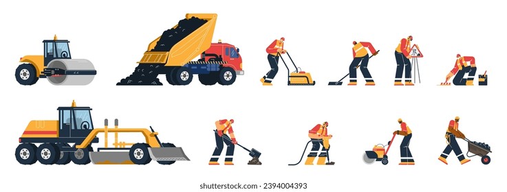 Utility construction company workers characters set repairing the road, flat vector illustration isolated on white background. Maintenance and repair of roads for safe transportation.