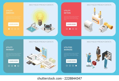 Utility expences isometric banner set with service payments and household supplies isolated vector illustration