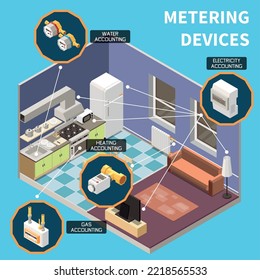 Concepto isométrico de utilidades con dispositivos de medición de servicios domésticos ilustración vectorial