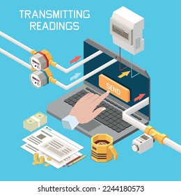 Utility expences isometric concept with reporting payment data via internet vector illustration