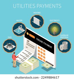 Utility expences isometric concept with service bills and payments symbols vector illustration